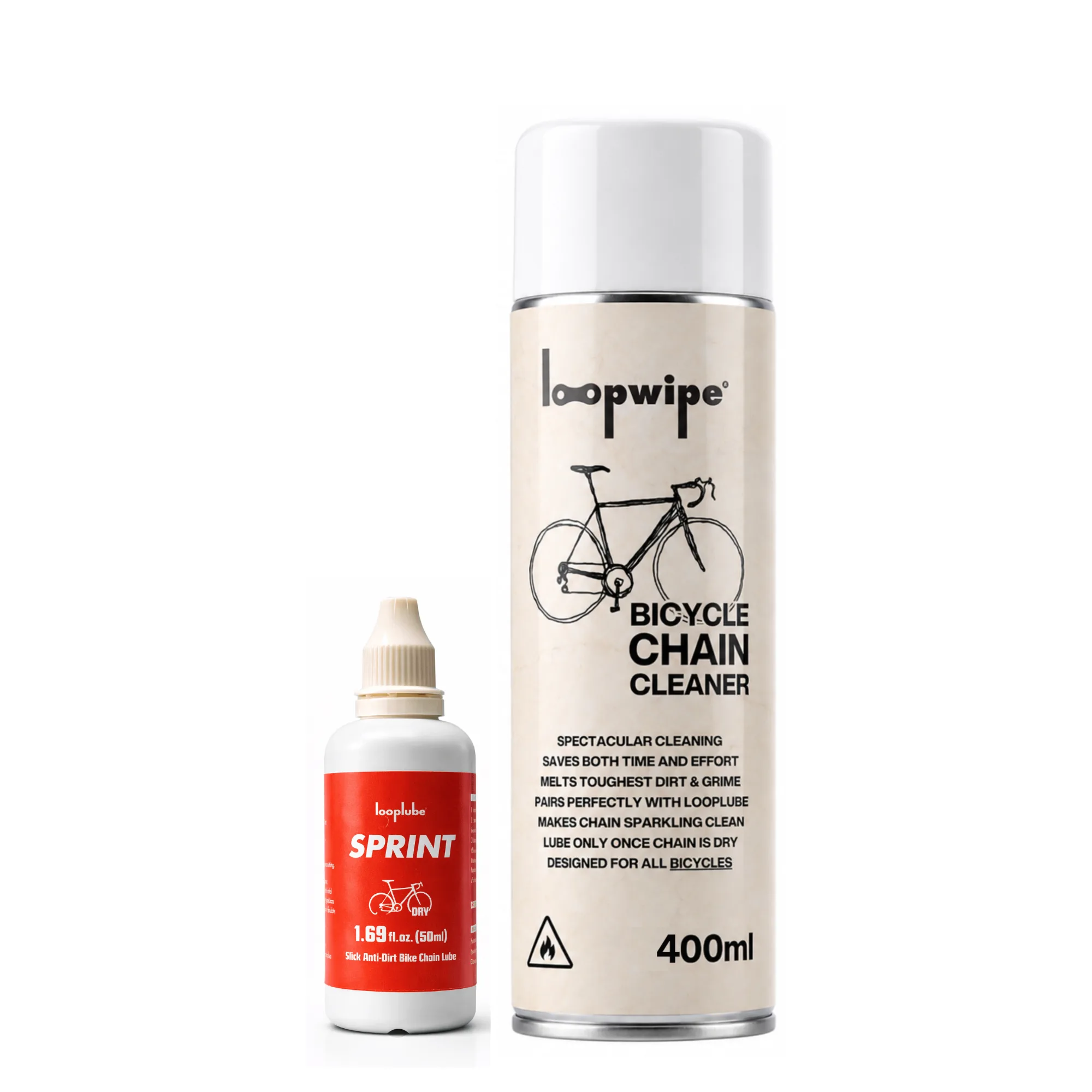 looplube SPRINT Anti-Dirt COMMUTER Pack - Combo of 50ml SPRINT Bicycle Chain Lube LIQUID and 400ml loopwipe Eco-Friendly Bicycle Chain Cleaner SPRAY